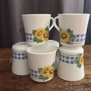 Vintage Corning SUNSATIONS Sunflower Gingham Blue Coffee Mug Tea Cup - Set of 6